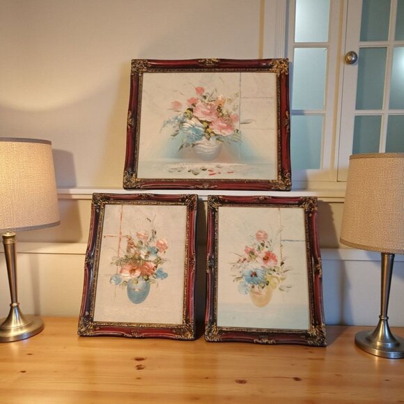 Vintage Floral Oil Paintings Set Of 3 With Ornate Frames - Picture 1 of 6